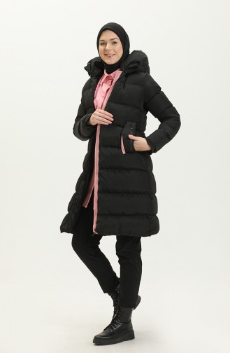 Langer Puffercoat mit Kapuze 8006-08 Schwarz-Puderfarben 8006-08