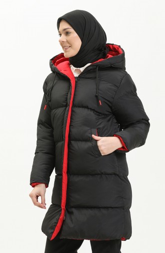 Puffercoat mit Kapuze 8007-08 Schwarz-Weinrot 8007-08