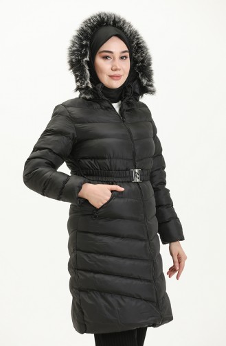 Manteau Matelassé à Capuche en Fourrure 8008-01 Noir 8008-01