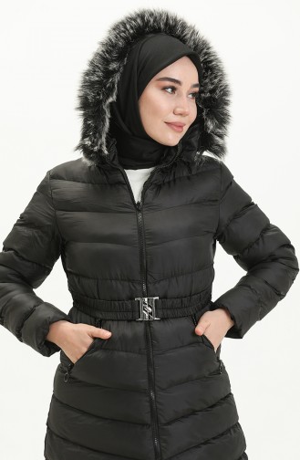 Manteau Matelassé à Capuche en Fourrure 8008-01 Noir 8008-01