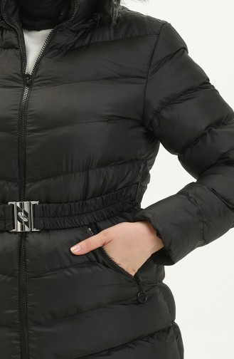 Manteau Matelassé à Capuche en Fourrure 8008-01 Noir 8008-01