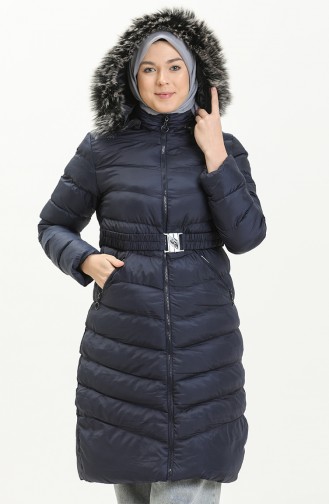 Manteau Matelassé à Capuche en Fourrure 8008-04 Bleu Marine 8008-04