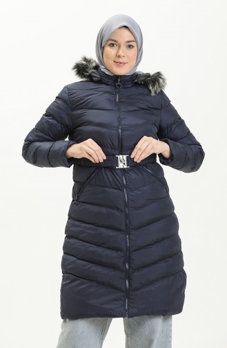 Manteau Matelassé à Capuche en Fourrure 8008-04 Bleu Marine 8008-04