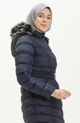 Manteau Matelassé à Capuche en Fourrure 8008-04 Bleu Marine 8008-04