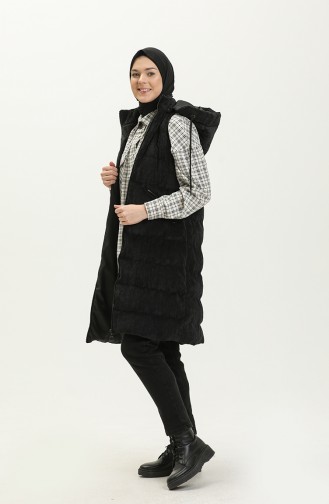 Gilet Matelassé à Capuche en Velours 8010-03 Noir 8010-03