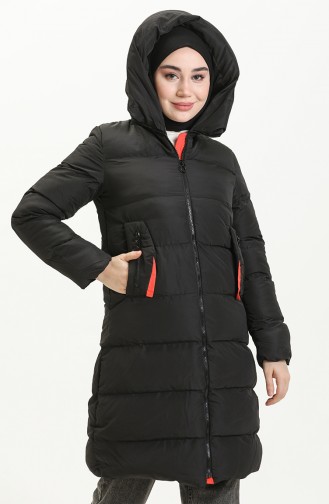 Manteau Long Matelassé à Capuche 8006-06 Noir Orange 8006-06