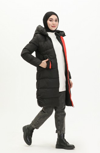 Manteau Long Matelassé à Capuche 8006-06 Noir Orange 8006-06