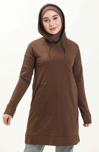 Kahverengi Kapşonlu Yaka Basic Örme Sweatshirt 10383