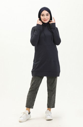 Lacivert Kapşonlu Yaka Basic Örme Sweatshirt 10383