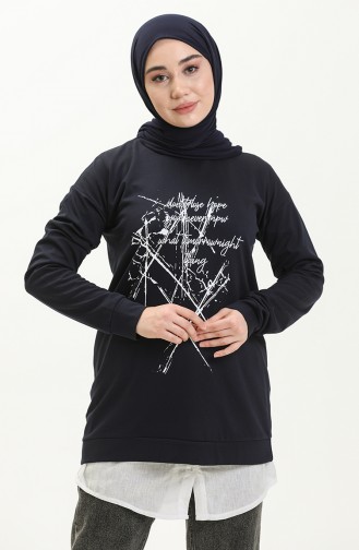 Lacivert Bisiklet Yaka Baskı Detaylı Örme Sweatshirt 10384 02
