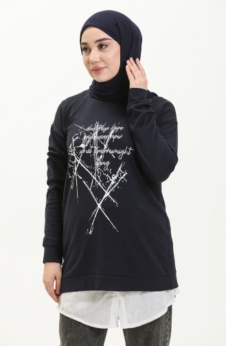 Lacivert Bisiklet Yaka Baskı Detaylı Örme Sweatshirt 10384 02