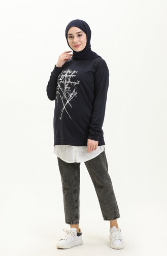 Lacivert Bisiklet Yaka Baskı Detaylı Örme Sweatshirt 10384 02