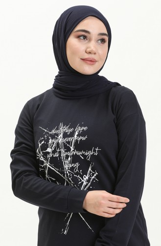 Lacivert Bisiklet Yaka Baskı Detaylı Örme Sweatshirt 10384 02