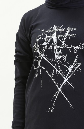 Lacivert Bisiklet Yaka Baskı Detaylı Örme Sweatshirt 10384 02