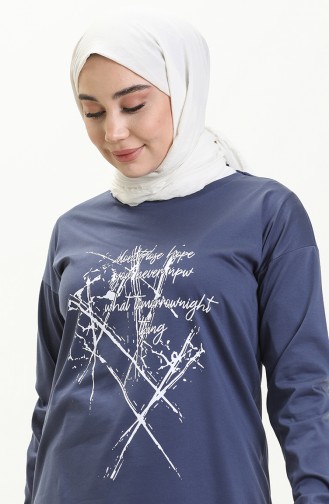 İndigo Bisiklet Yaka Baskı Detaylı Örme Sweatshirt 10384 03