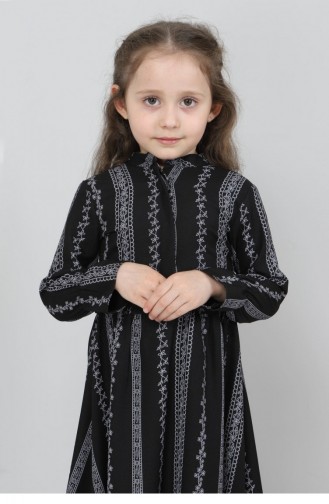 Şerit Çiçekli Çocuk Elbise Siyah 10435
