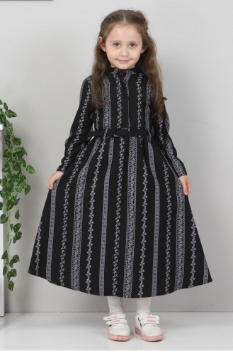 Şerit Çiçekli Çocuk Elbise Siyah 10435