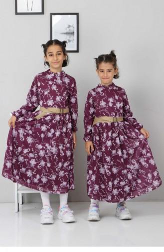 Çiçekli Çocuk Elbise Mürdüm 10025