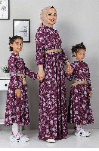 Çiçekli Çocuk Elbise Mürdüm 10025