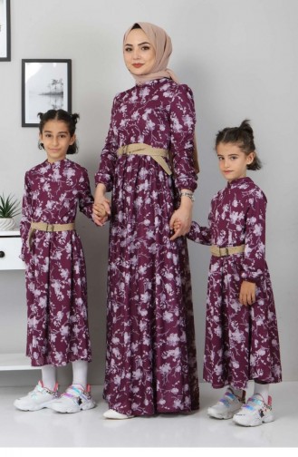 Çiçekli Çocuk Elbise Mürdüm 10025