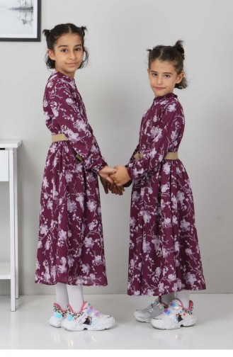 Çiçekli Çocuk Elbise Mürdüm 10025