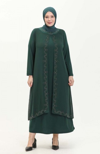 فستان سهرة بنقش الحجر مقاس كبير  5098-08 أخضر زمردي 5098-08