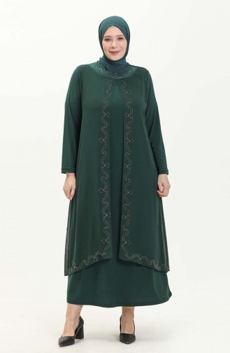 Robe de Soirée Brodée de Pierre Grande Taille 5098-08 Vert Emeraude 5098-08