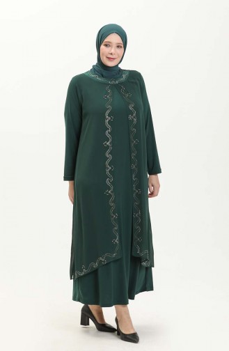 فستان سهرة بنقش الحجر مقاس كبير  5098-08 أخضر زمردي 5098-08