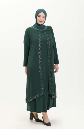 Robe de Soirée Brodée de Pierre Grande Taille 5098-08 Vert Emeraude 5098-08