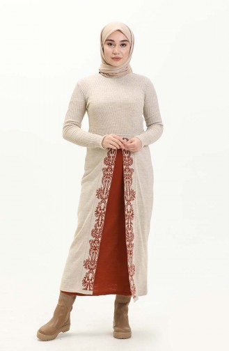 Triko Desenli Elbise 0522-06 Bej