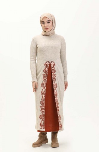 Triko Desenli Elbise 0522-06 Bej