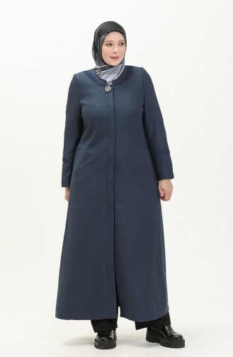 Plus Size Brooch Detailed Topcoat 0472-05 Indigo 0472-05