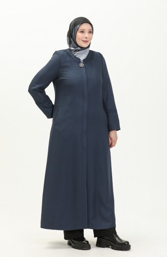 Plus Size Brooch Detailed Topcoat 0472-05 Indigo 0472-05