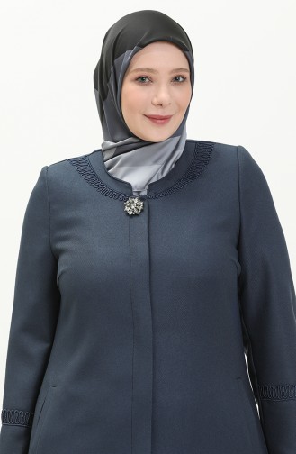 Plus Size Brooch Detailed Topcoat 0472-05 Indigo 0472-05