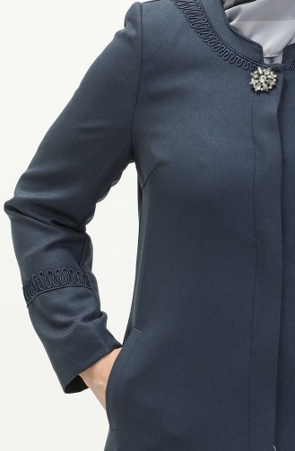 Plus Size Brooch Detailed Topcoat 0472-05 Indigo 0472-05