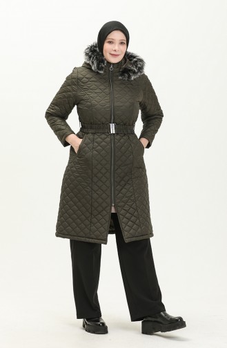 Plus Size Fur Hooded Quilted Coat 5058-03 Khaki 5058-03