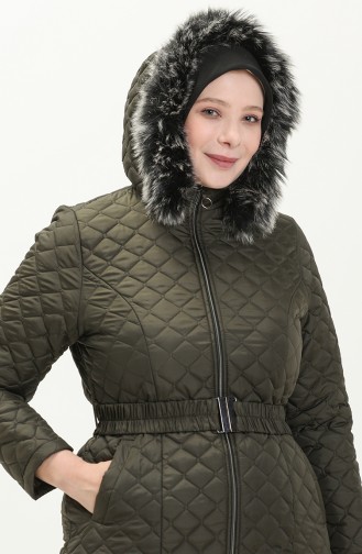 Plus Size Fur Hooded Quilted Coat 5058-03 Khaki 5058-03