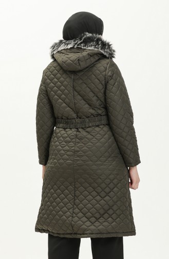 Plus Size Fur Hooded Quilted Coat 5058-03 Khaki 5058-03