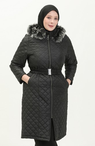 Plus Size Fur Hooded Quilted Coat 5058-04 Black 5058-04