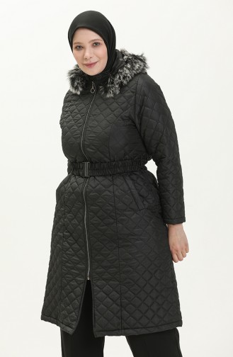 Plus Size Fur Hooded Quilted Coat 5058-04 Black 5058-04