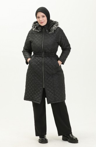 Plus Size Fur Hooded Quilted Coat 5058-04 Black 5058-04