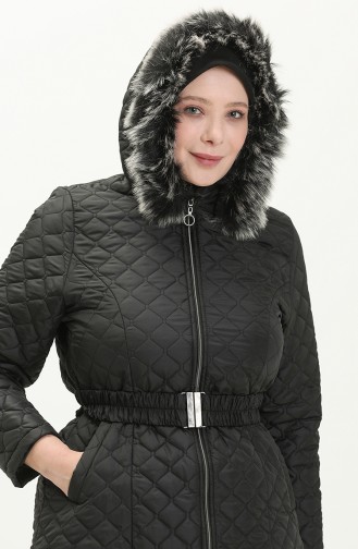 Plus Size Fur Hooded Quilted Coat 5058-04 Black 5058-04