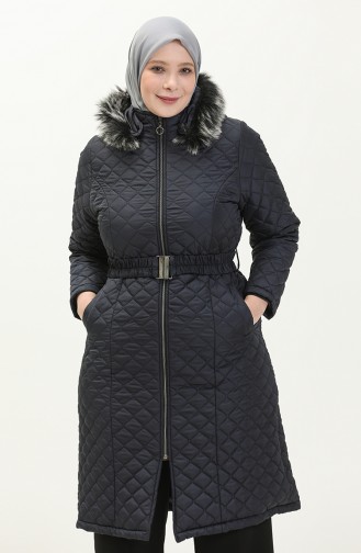 Plus Size Fur Hooded Quilted Coat 5058-05 Navy Blue 5058-05