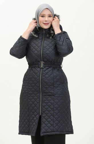 Plus Size Fur Hooded Quilted Coat 5058-05 Navy Blue 5058-05