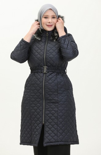 Große Größe gesteppter Puffercoat mit Pelzdetail 5058-05 Dunkelblau 5058-05