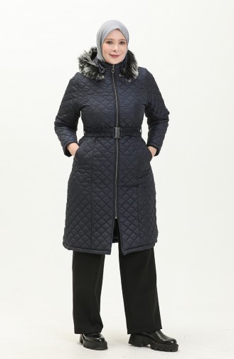 Plus Size Fur Hooded Quilted Coat 5058-05 Navy Blue 5058-05