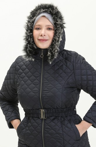 Plus Size Fur Hooded Quilted Coat 5058-05 Navy Blue 5058-05