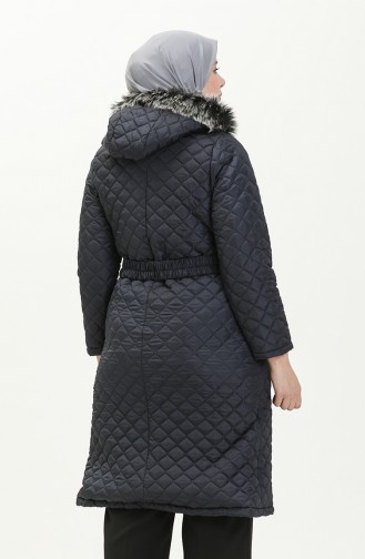 Plus Size Fur Hooded Quilted Coat 5058-05 Navy Blue 5058-05