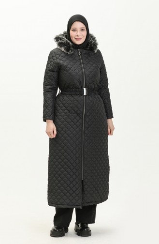 Manteau Matelassé à Ceinture de Grande Taille 5158-04 Noir 5158-04