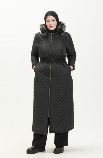 Manteau Matelassé à Ceinture de Grande Taille 5158-04 Noir 5158-04